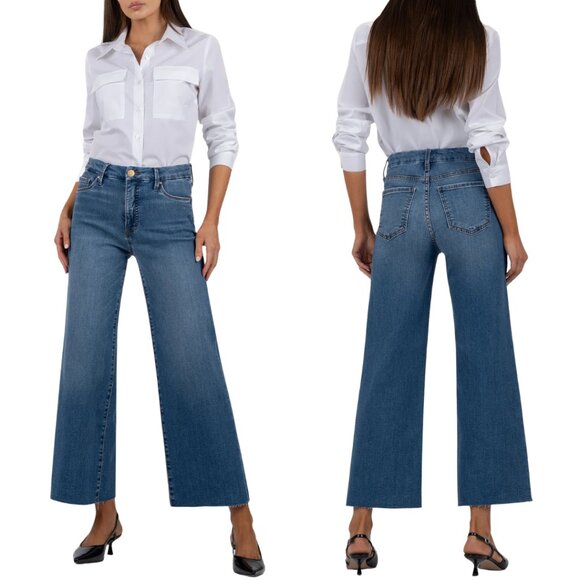 Kut From The Kloth Meg High Rise Wide Leg Denim Jeans Women's 16L Blue Raw Hem - Picture 1 of 13